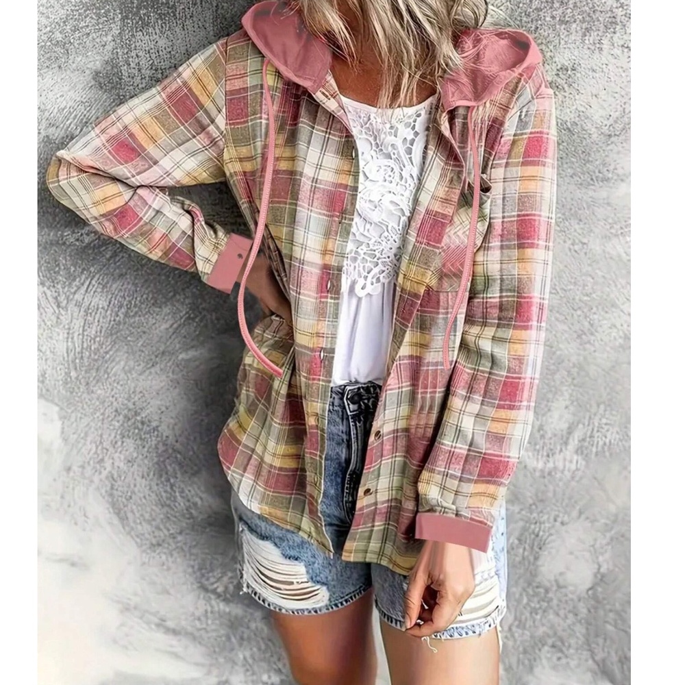 Multicolor Plaid Print Button Down Loose Fit Hoodie Shirt Top